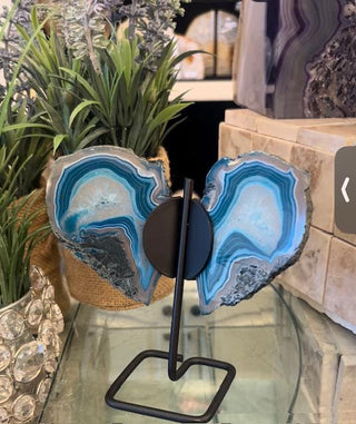 Teal Butterfly, Teal Agate, Blue Agate Slice, on Metal Stand, Healing Crystal, Home Decor, Gift (60)
