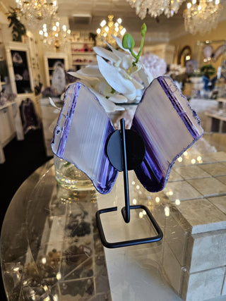 Purple Butterfly, White and Purple, Agate Butterfly, Agate Slice, on Metal Stand, Healing Crystal, Home Decor, Gift  (146)