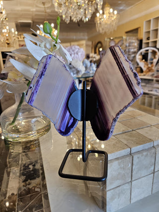 Purple Butterfly, White and Purple, Agate Butterfly, Agate Slice, on Metal Stand, Healing Crystal, Home Decor, Gift  (146)