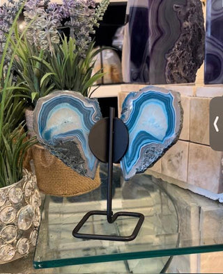 Teal Butterfly, Teal Agate, Blue Agate Slice, on Metal Stand, Healing Crystal, Home Decor, Gift (60)