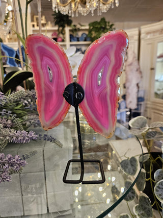 Pink Butterfly, On Metal Stand, Pinl Agate, Healing Crystal, Home Decor, Gift (84)