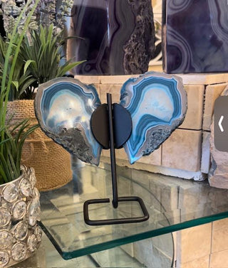 Teal Butterfly, Teal Agate, Blue Agate Slice, on Metal Stand, Healing Crystal, Home Decor, Gift (60)