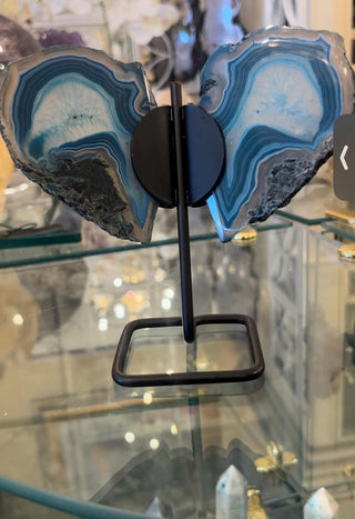 Teal Butterfly, Teal Agate, Blue Agate Slice, on Metal Stand, Healing Crystal, Home Decor, Gift (60)