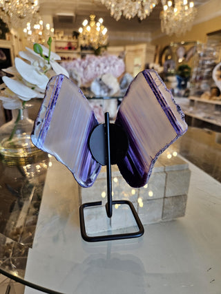 Purple Butterfly, White and Purple, Agate Butterfly, Agate Slice, on Metal Stand, Healing Crystal, Home Decor, Gift  (146)