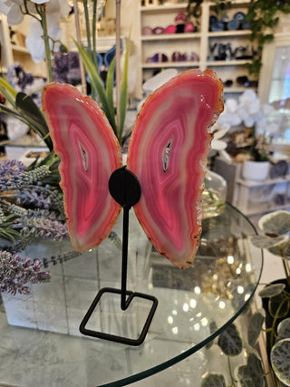 Pink Butterfly, On Metal Stand, Pinl Agate, Healing Crystal, Home Decor, Gift (84)