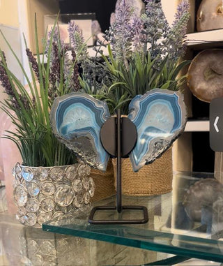 Teal Butterfly, Teal Agate, Blue Agate Slice, on Metal Stand, Healing Crystal, Home Decor, Gift (60)