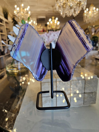 Purple Butterfly, White and Purple, Agate Butterfly, Agate Slice, on Metal Stand, Healing Crystal, Home Decor, Gift  (146)