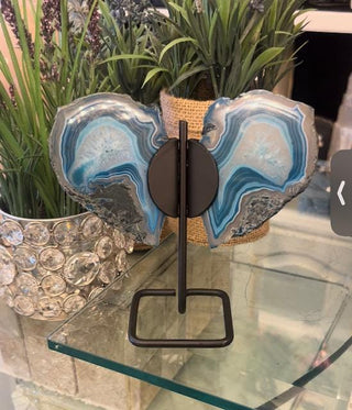 Teal Butterfly, Teal Agate, Blue Agate Slice, on Metal Stand, Healing Crystal, Home Decor, Gift (60)