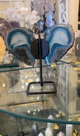 Teal Butterfly, Teal Agate, Blue Agate Slice, on Metal Stand, Healing Crystal, Home Decor, Gift (60)