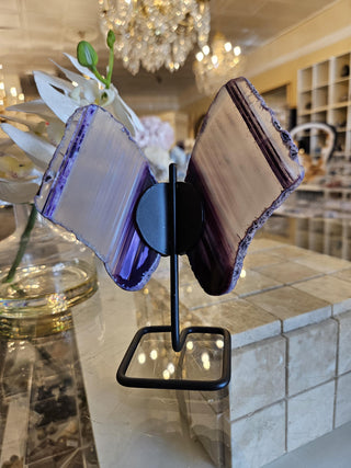 Purple Butterfly, White and Purple, Agate Butterfly, Agate Slice, on Metal Stand, Healing Crystal, Home Decor, Gift  (146)