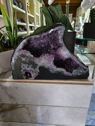 Amethyst Geode looks like a dolphin.  Lovely piece.

CHIQUE Rock Shop 
