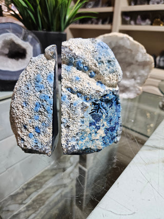 Dark Blue and White Agate Bookends.  

CHIQUE Rock Shop