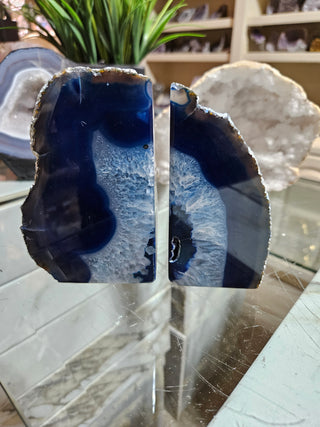 Dark Blue and White Agate Bookends.  

CHIQUE Rock Shop