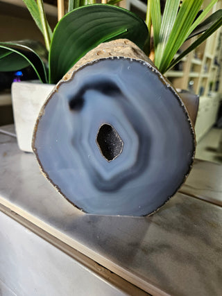Geode Slab with druzy blue center next to a plant

CHIQUE Rock Shop 
