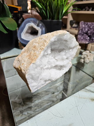 Clear Quartz Geode crystal on a table with a plant.

CHIQUE Rock Shop