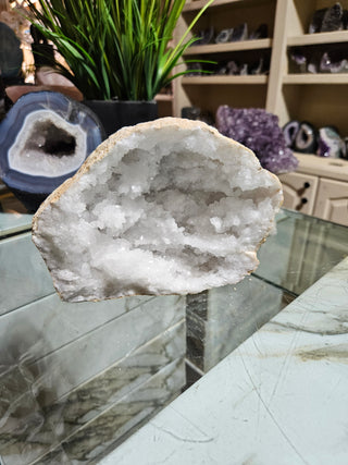 Clear Quartz Geode crystal on a table with a plant.

CHIQUE Rock Shop