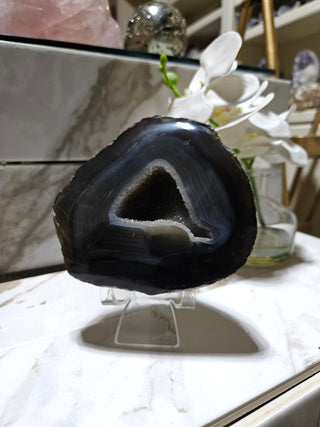 Dark Gray Geode, Blue Hues, White trim.

CHIQUE Rock Shop 