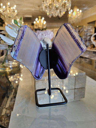 Purple Butterfly, White and Purple, Agate Butterfly, Agate Slice, on Metal Stand, Healing Crystal, Home Decor, Gift  (146)