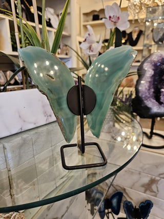 Green Butterfly , Agate Slice, on Metal Stand, Healing Crystal, Home Decor, Gift  (86)