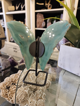 Green Butterfly , Agate Slice, on Metal Stand, Healing Crystal, Home Decor, Gift  (86)