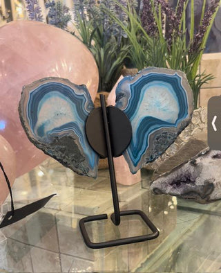 Teal Butterfly, Teal Agate, Blue Agate Slice, on Metal Stand, Healing Crystal, Home Decor, Gift (60)