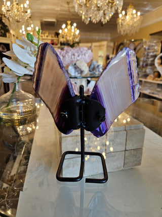 Purple Butterfly, White and Purple, Agate Butterfly, Agate Slice, on Metal Stand, Healing Crystal, Home Decor, Gift  (146)