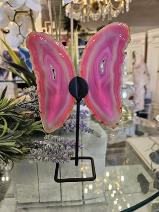 Pink Butterfly, On Metal Stand, Pinl Agate, Healing Crystal, Home Decor, Gift (84)
