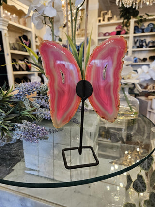 Pink Butterfly, On Metal Stand, Pinl Agate, Healing Crystal, Home Decor, Gift (84)