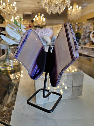 Purple Butterfly, White and Purple, Agate Butterfly, Agate Slice, on Metal Stand, Healing Crystal, Home Decor, Gift  (146)