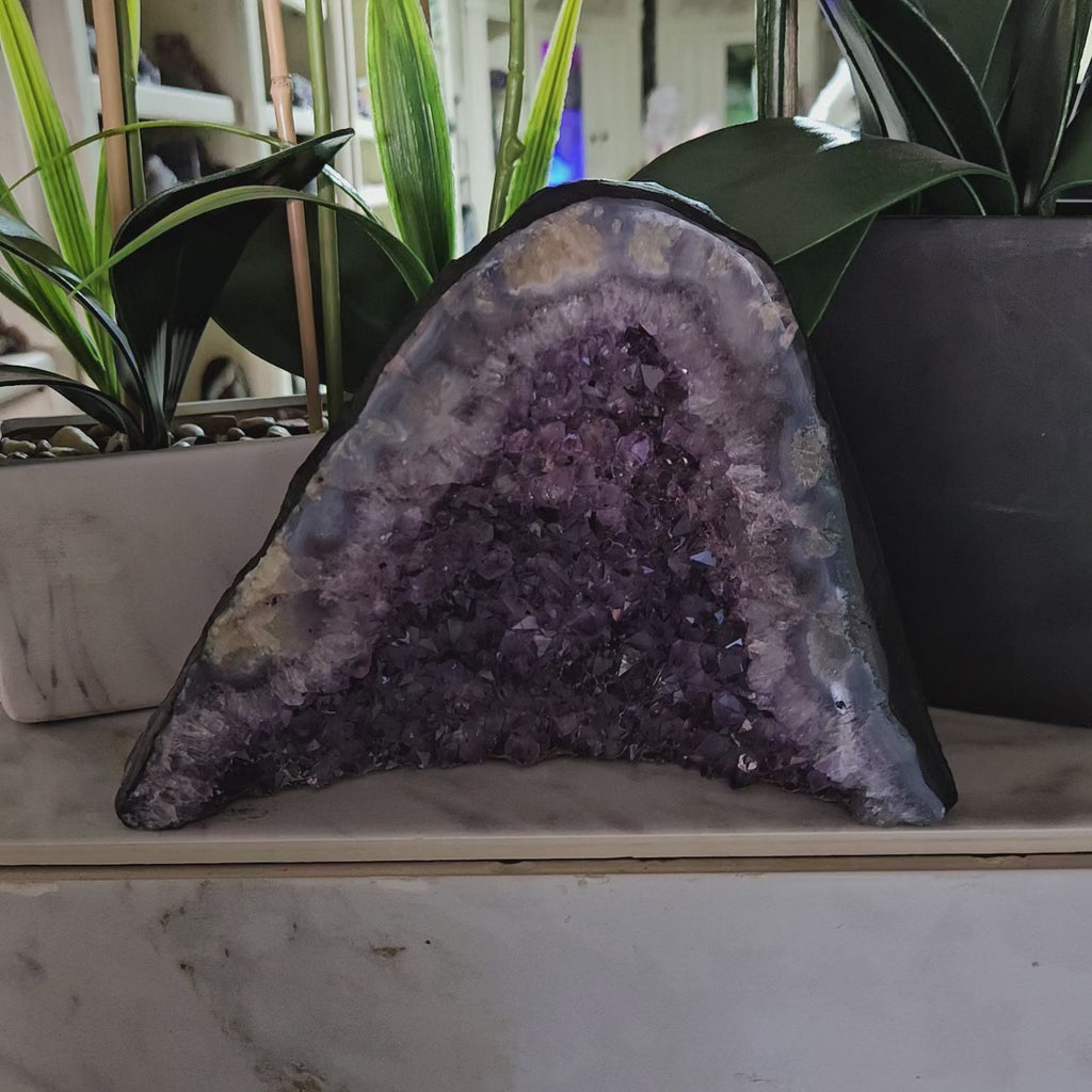 Amethyst Crystal Geode plants in background

CHIQUE Rock Shop 
